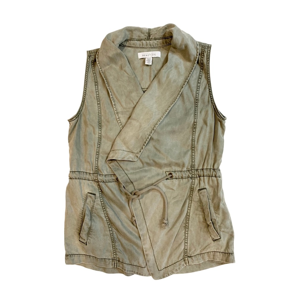 Kenneth Cole Reaction Women Olive Green Tencel Utility Vest Drawstring Waist S
